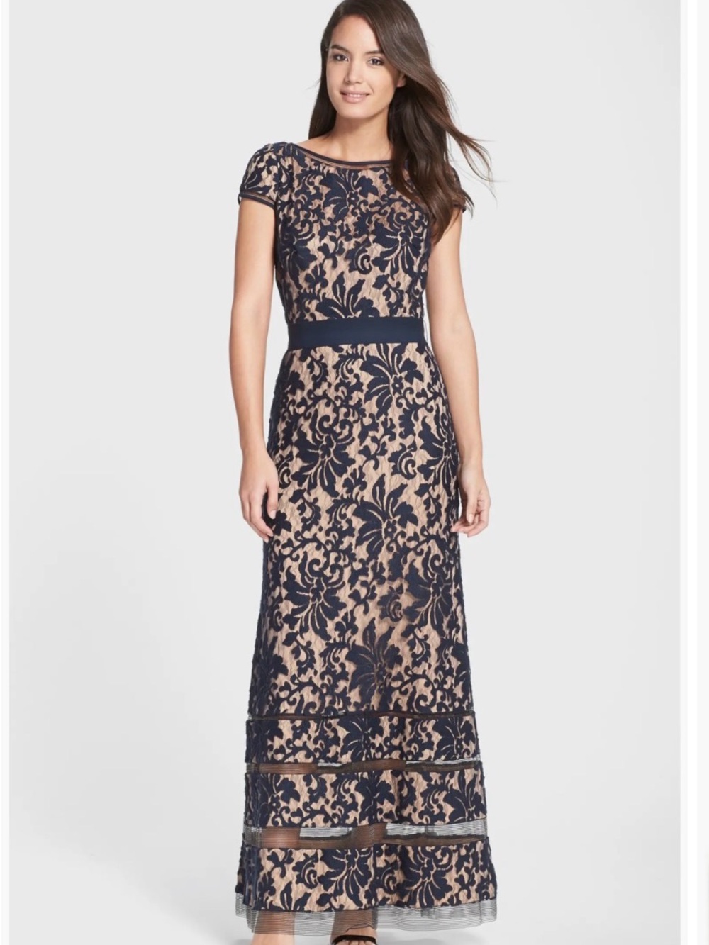 Tadashi Shoji Navy Lace Overlay Evening Gown Sz 8